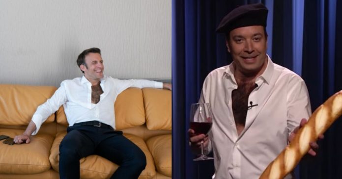  VIDEO.  Shirt open on a hairy chest, Jimmy Fallon laughs at Emmanuel Macron

